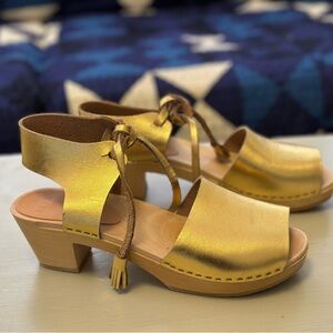 Bryr Metallic Gold Leather Block Heel Mules with Ankle Tie